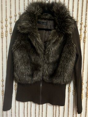 Vintage Y2K Boho Grunge Euro Faux Fur Trim Brown Ribbed Zip Up Layering Sweater